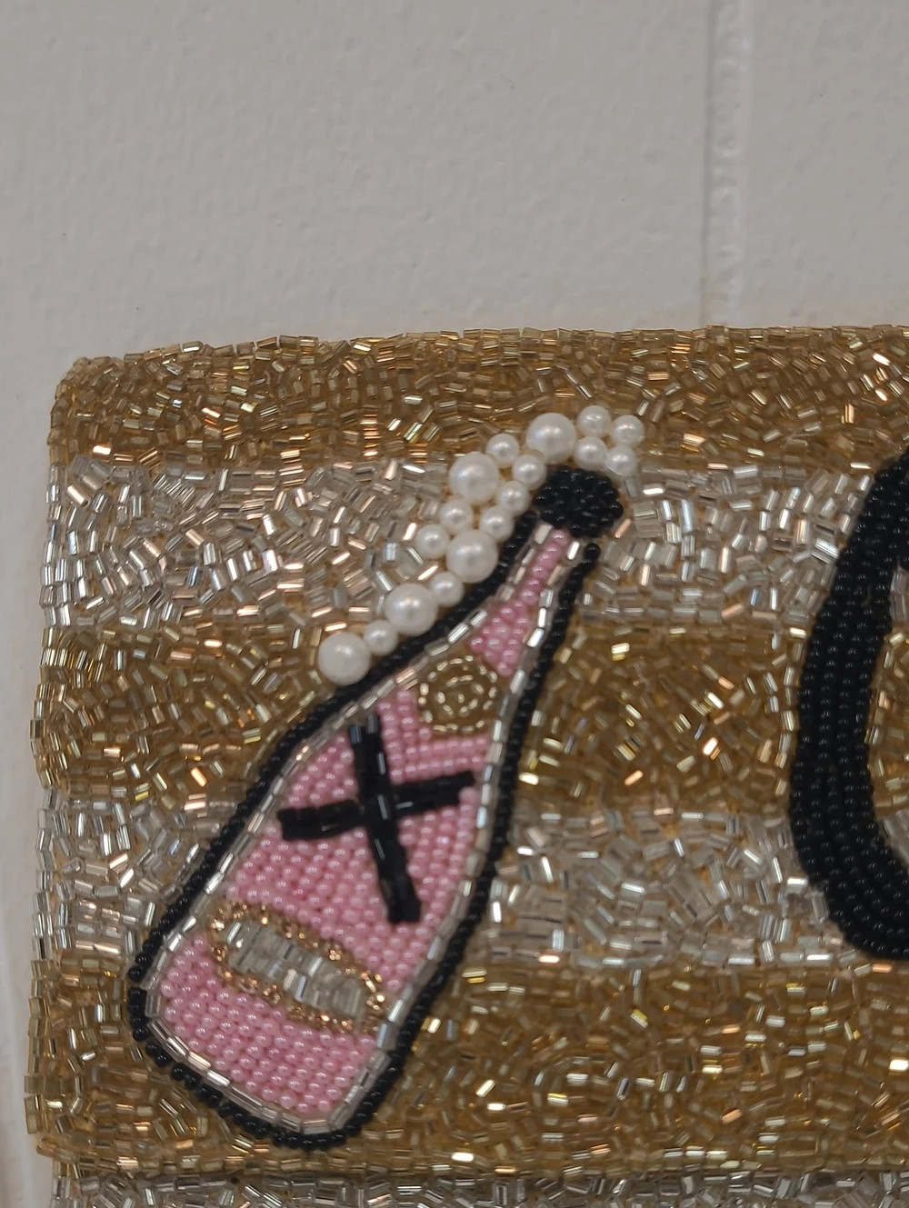 Beaded 'Cheers' Gold and Silver Party Clutch with Pink Bottle and Pearl Accents
